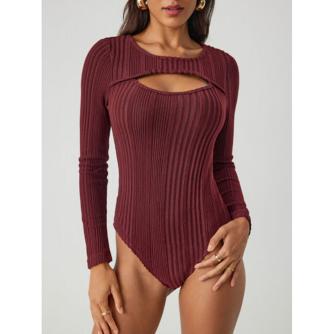 Ribbed Hollow-Out Long Sleeve Slim Romper
