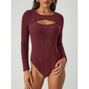 Ribbed Hollow-Out Long Sleeve Slim Romper