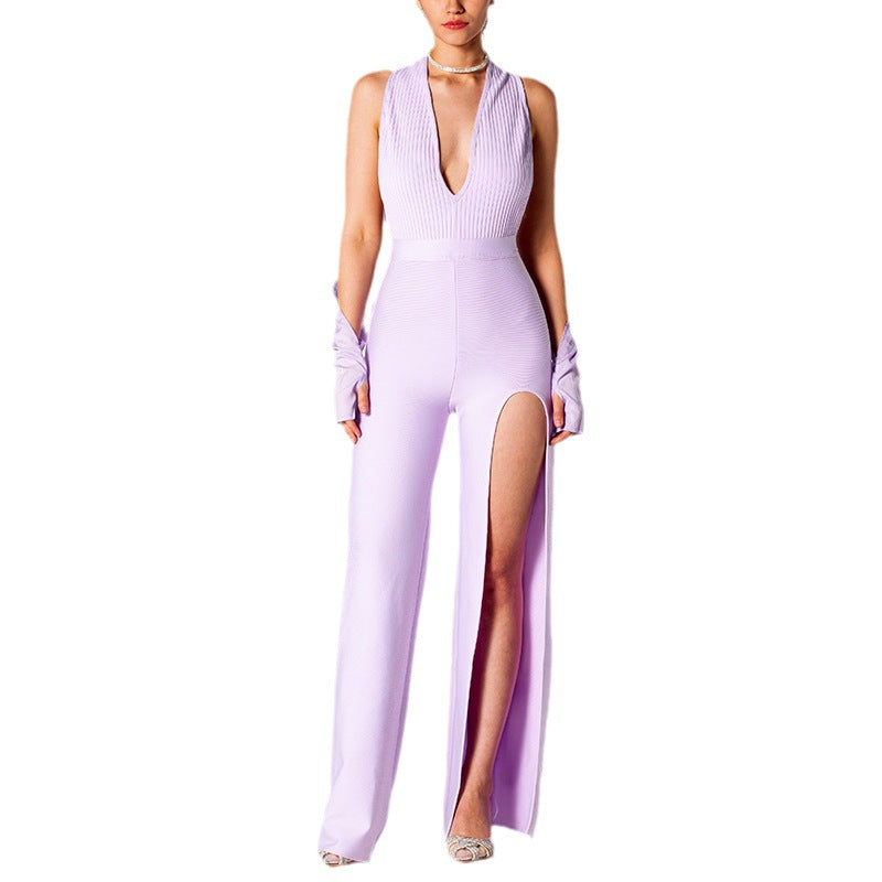 Summer Backless Halter V-Neck Wide-Leg Jumpsuit