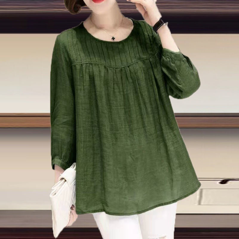 Women's Cotton Linen Round Collar Retro Blouse