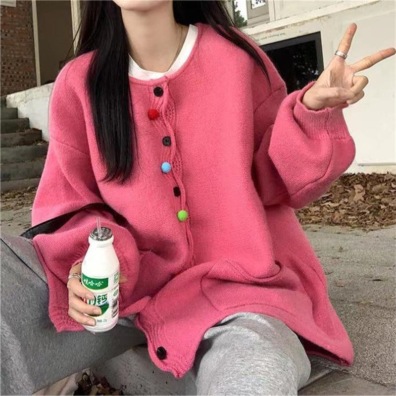Women's Retro Solid Color Wool Ball Knitted Cardigan