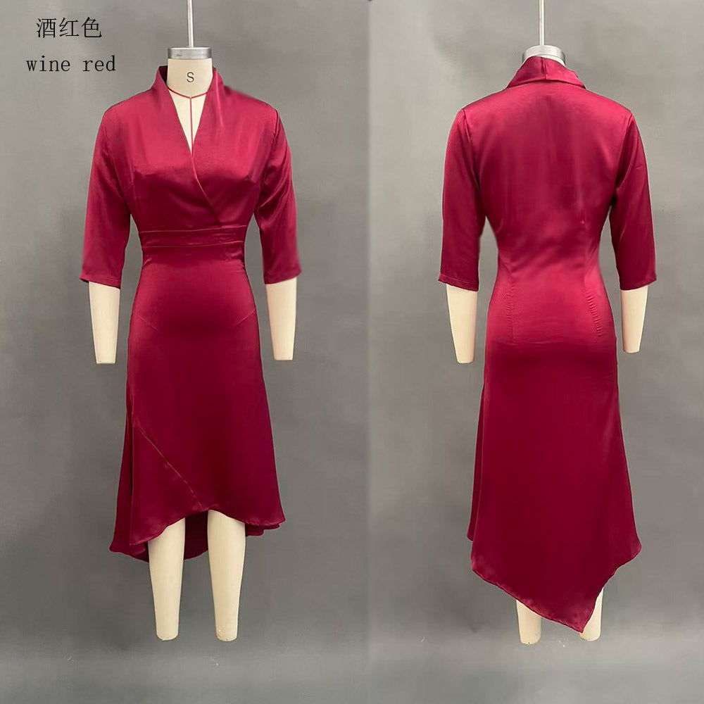 2025 Autumn New Amazon Elegant Pure Color Long-sleeved V Neck Satin…