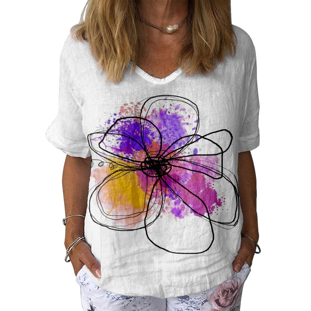 V‑Neck 3D Digital Print Women’s Tee – Loose Fit, Vibrant Colors