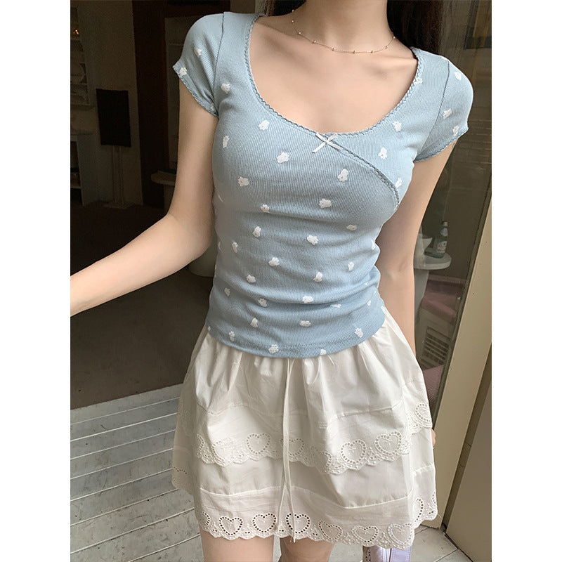 Floral Bow Short-Sleeve Scoop Neck Tee
