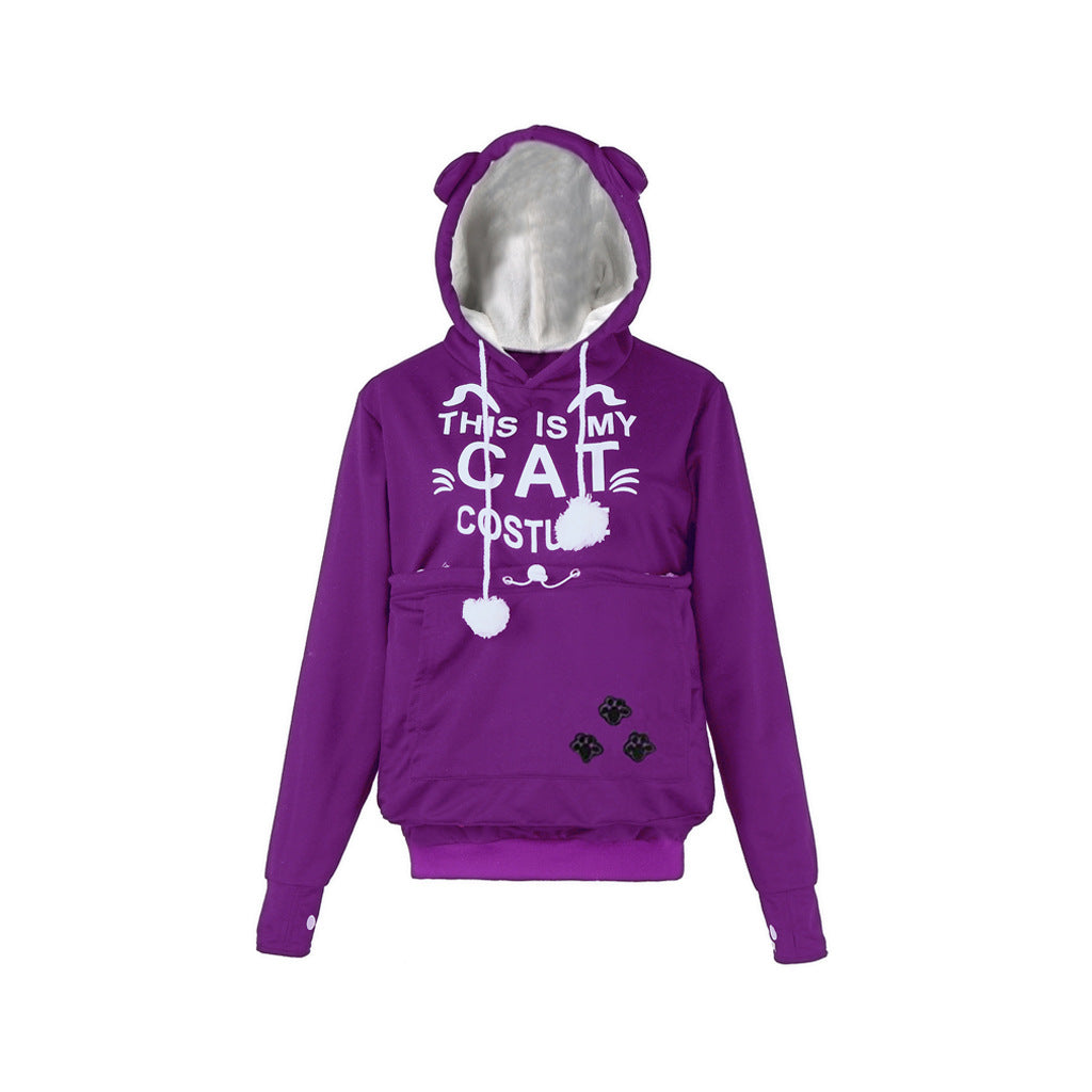Cute Cat Print Long Sleeve Casual Hooded Sweatshirt