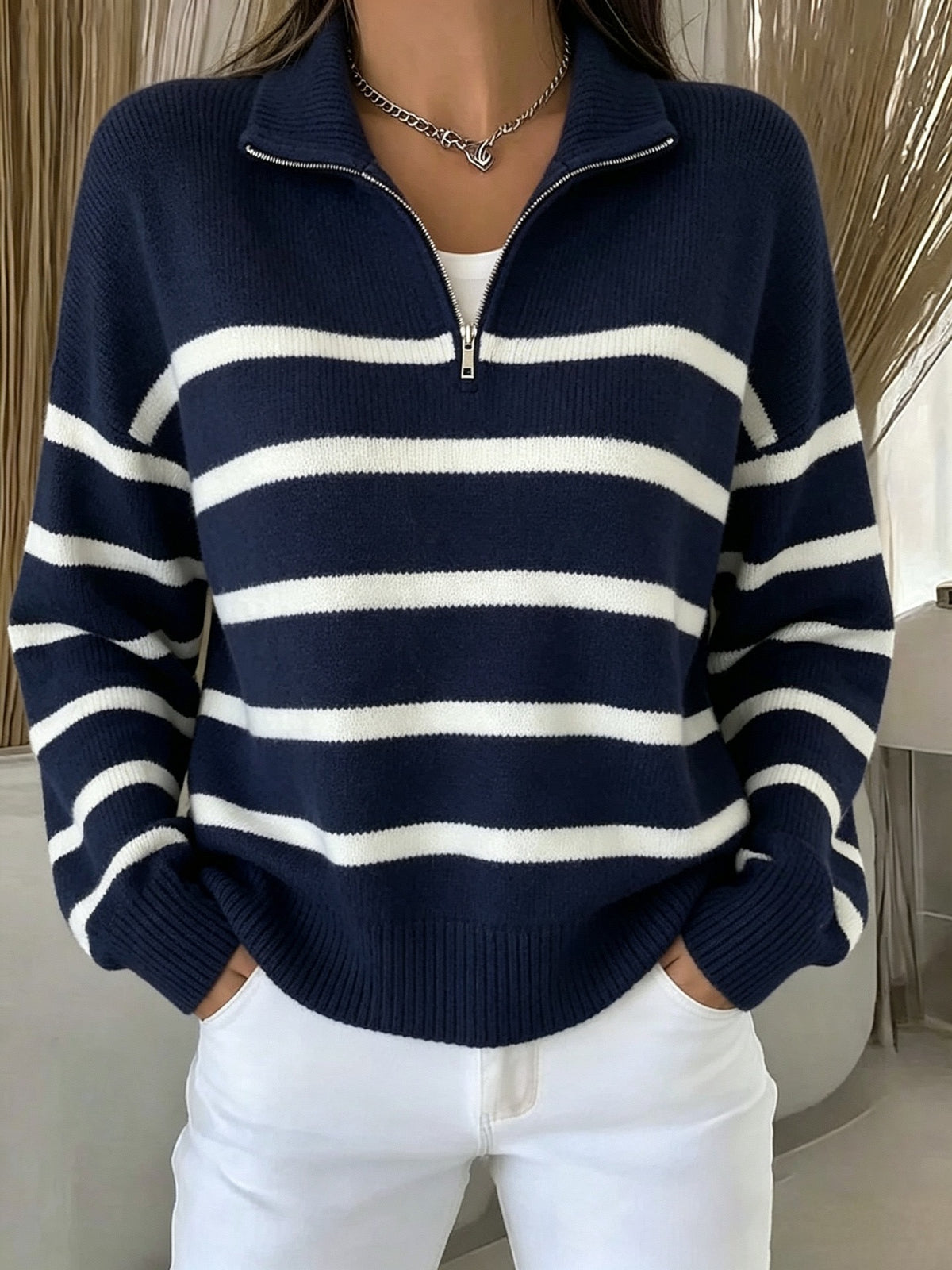 Womens Color-block Sweater with a Half-chain-link Pattern