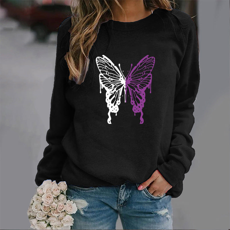 Butterfly Print Sports Pullover Round Neck Sweater
