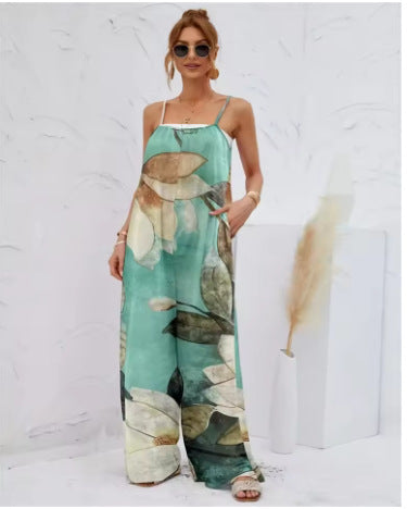 Women's Printed Loose Suspender Jumpsuit Romper