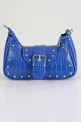 Blue crocodile-patterned handle bag with metallic staples and dust bag