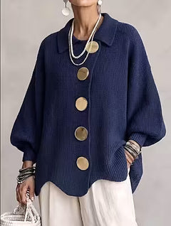Solid color button-down cardigan with lapel, relaxed fit knitted polyester jacket for women