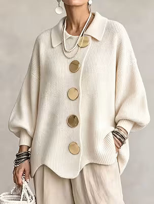 Solid color button-down cardigan with lapel, relaxed fit knitted polyester jacket for women - image 2