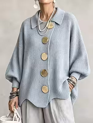 Solid color button-down cardigan with lapel, relaxed fit knitted polyester jacket for women - image 3