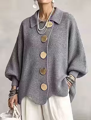 Solid color button-down cardigan with lapel, relaxed fit knitted polyester jacket for women - image 7