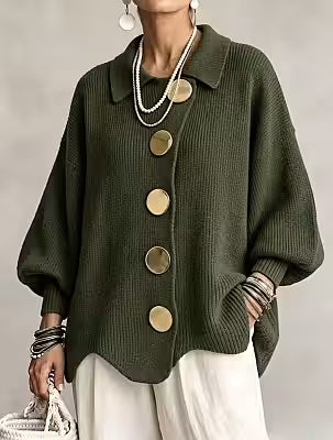 Solid color button-down cardigan with lapel, relaxed fit knitted polyester jacket for women - image 8