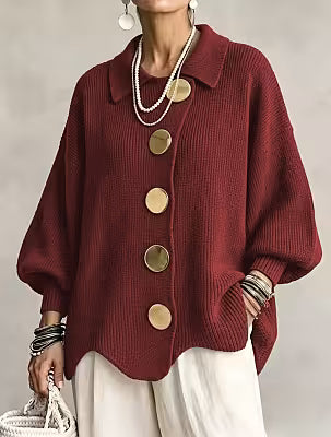 Solid color button-down cardigan with lapel, relaxed fit knitted polyester jacket for women