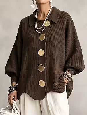 Solid color button-down cardigan with lapel, relaxed fit knitted polyester jacket for women