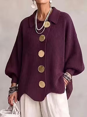 Solid color button-down cardigan with lapel, relaxed fit knitted polyester jacket for women
