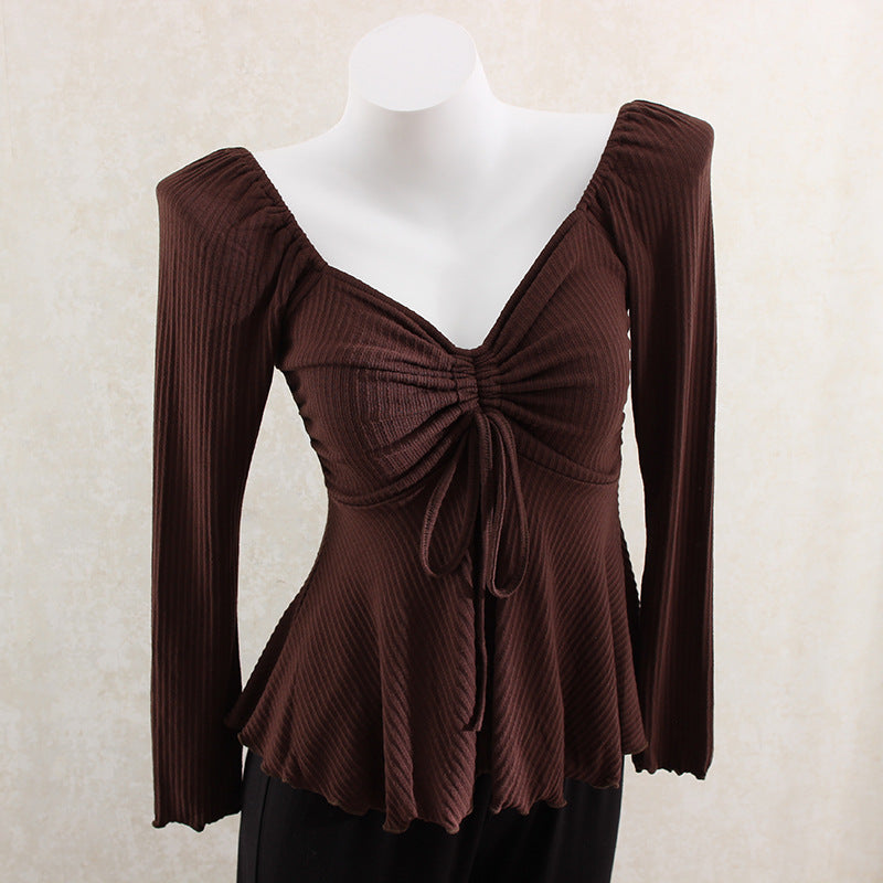 Chinese Gentle Knitted Drawstring V-neck Bottoming Shirt T-shirt Shoulder Slimming Slim Top