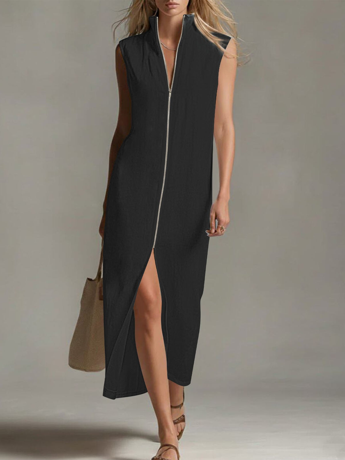 2026 Summer New Arrival Dress Zipper Stand Collar Split Tank Dress…