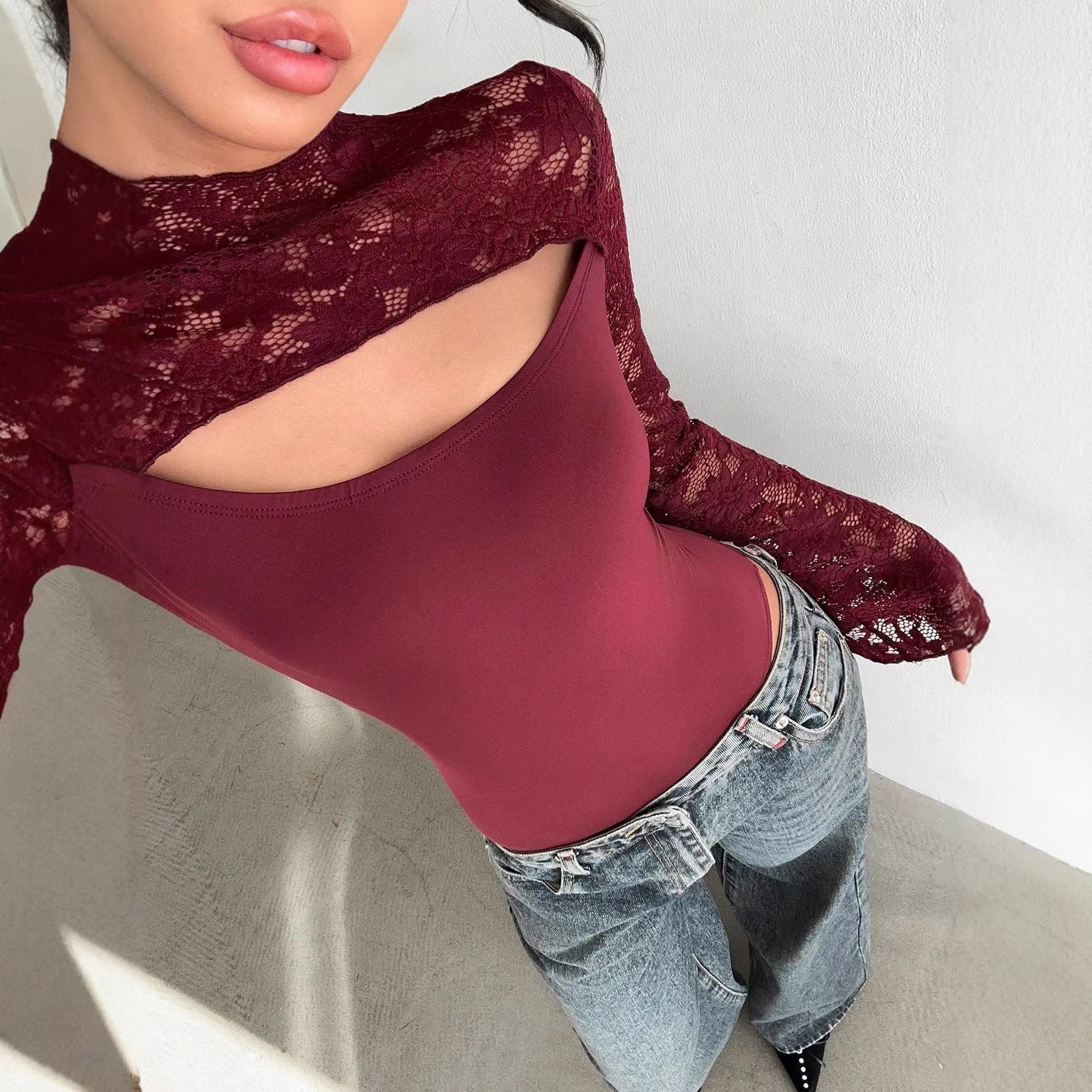 Women's Sexy Lace Hollow-Out Long Sleeve Jumpsuit