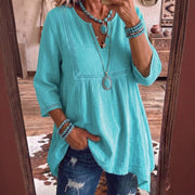 Lake Blue Relaxed V-Neck Long-Sleeve Top – Casual Comfort