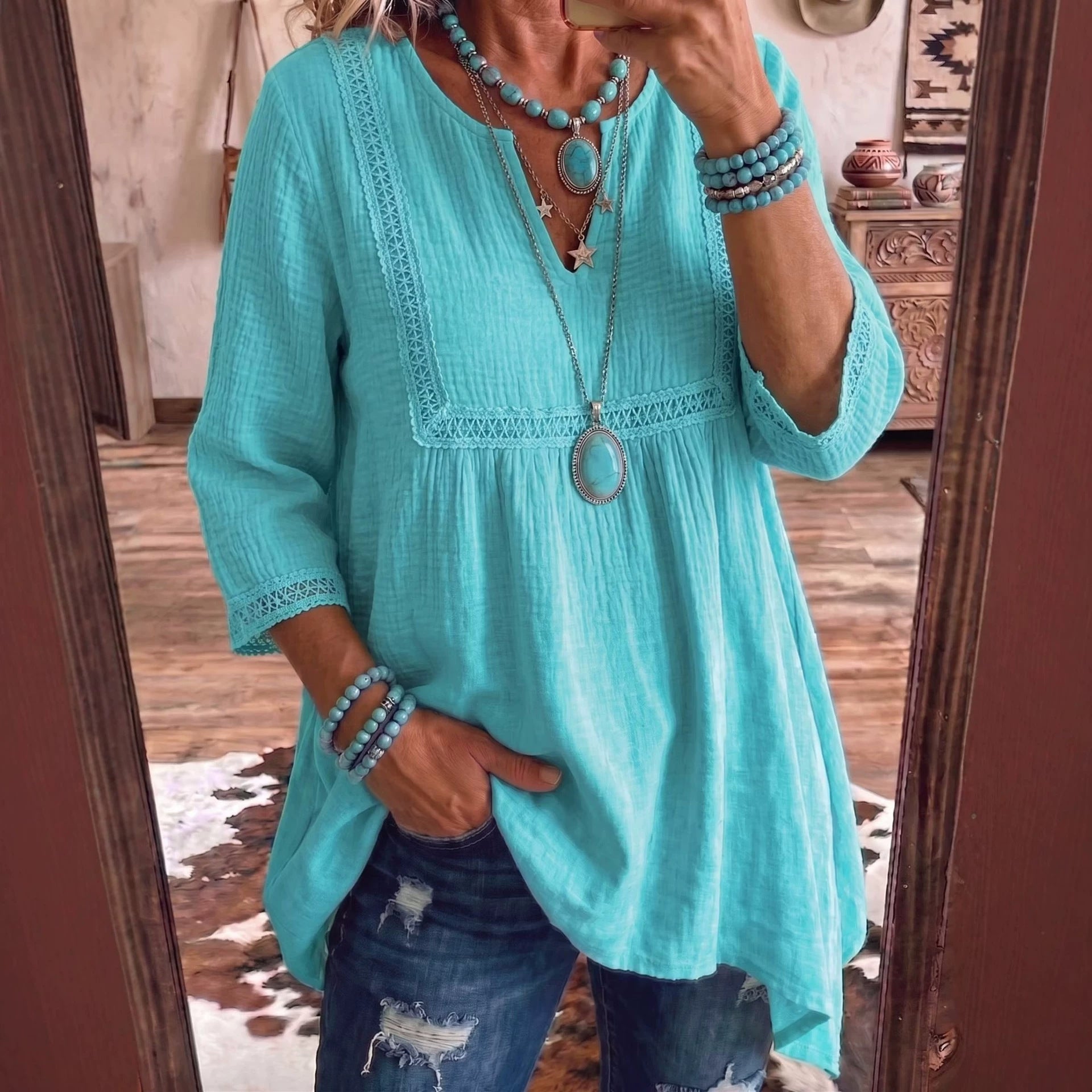 Lake Blue Relaxed V-Neck Long-Sleeve Top – Casual Comfort