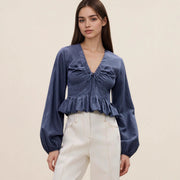Elegant V-Neck Long Sleeve Top with Drawstring & Ruffled Hem