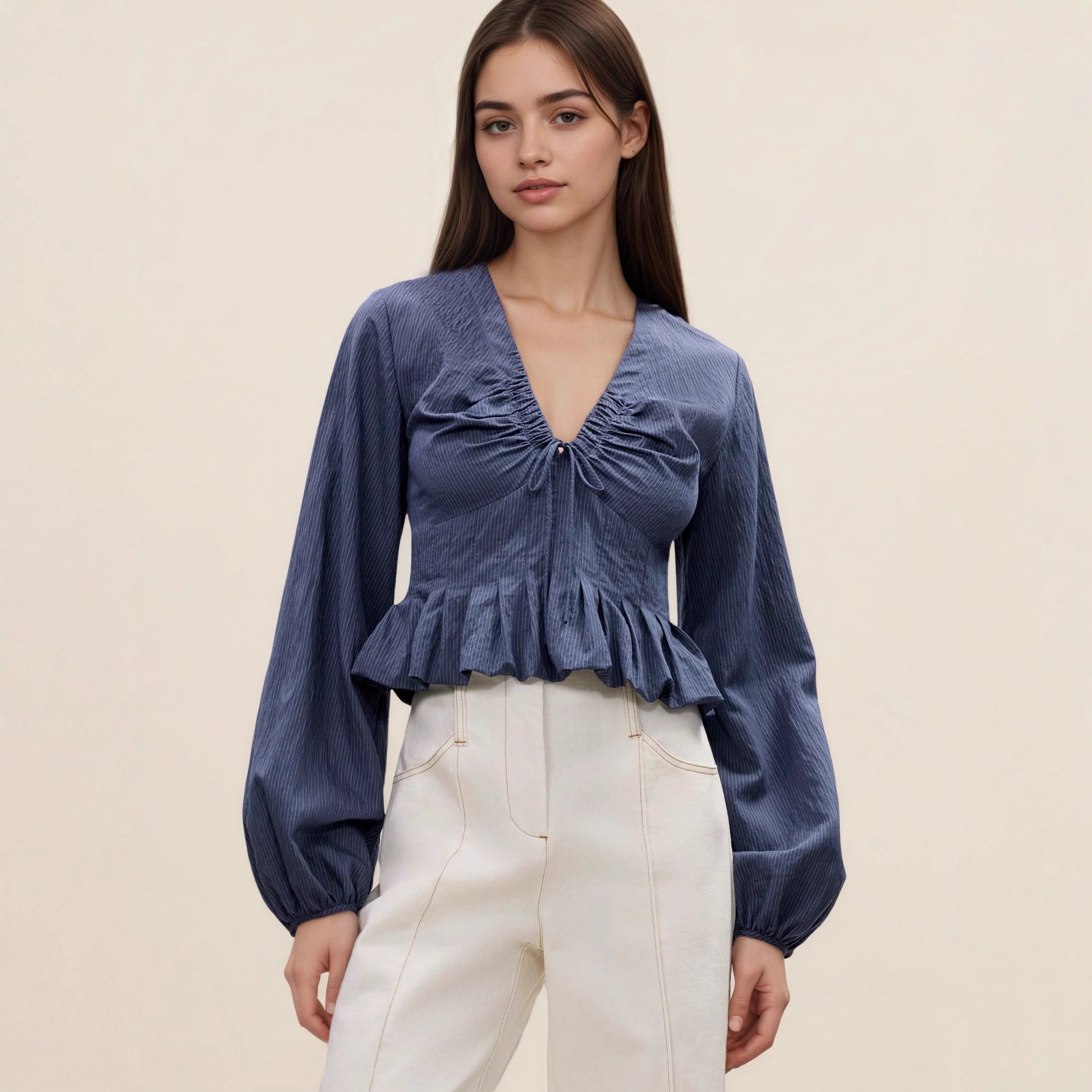 Elegant V-Neck Long Sleeve Top with Drawstring & Ruffled Hem