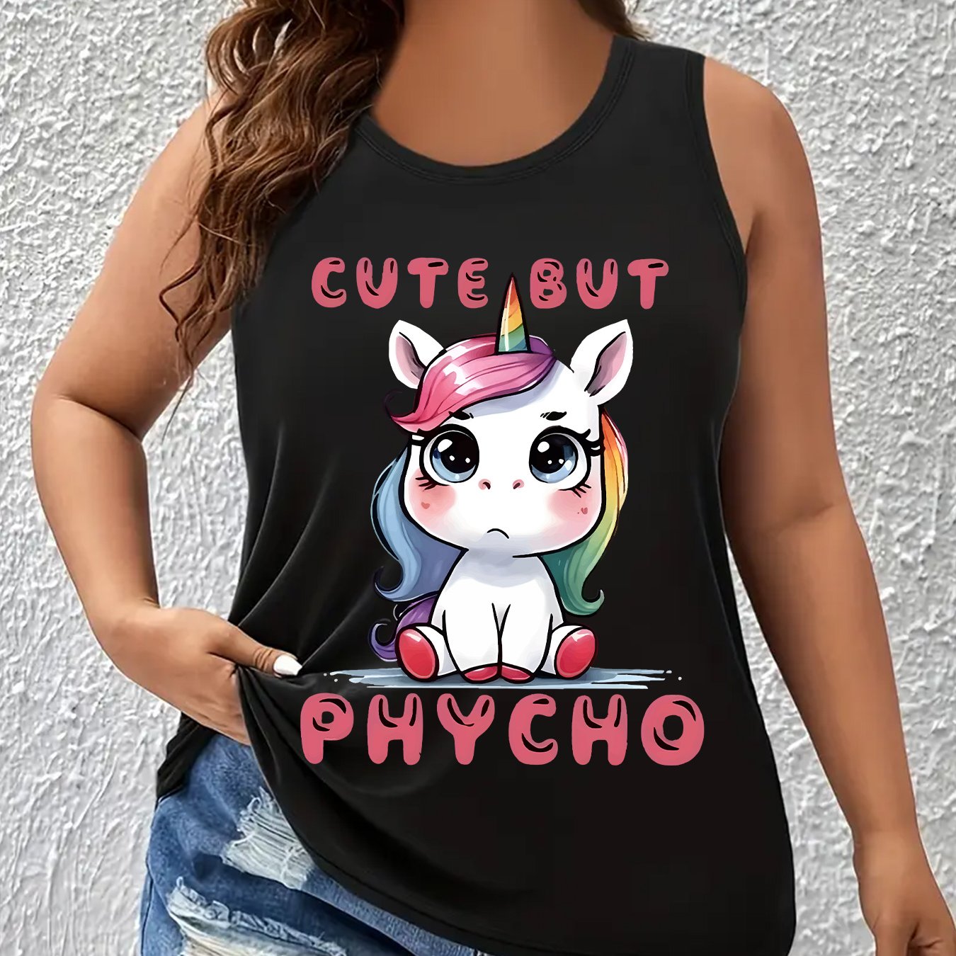Plus Size Women's Unicorn Print Tank Top – Round Neck, All‑Season