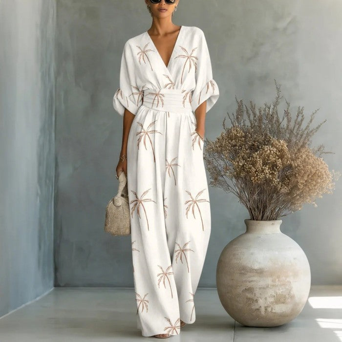 Printed V-Neck Waist-Cinched Wide-Leg Jumpsuit