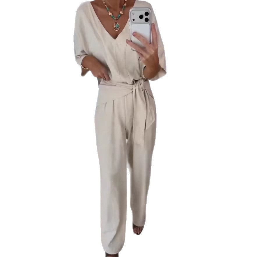 Solid-color V-neck Casual Mid-length Sleeve Belt Jumpsuit Pants