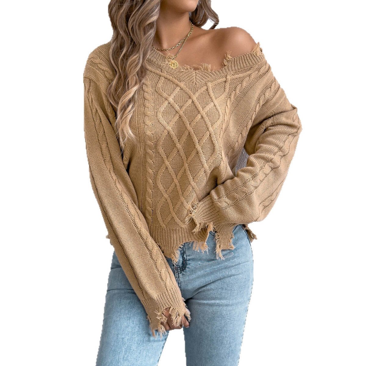 Fashionable Womens V-neck Cable-knit Long-sleeve Sweater