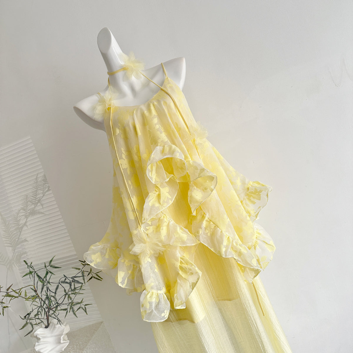 Ruffled Faux Two-piece Flared Strap Dress