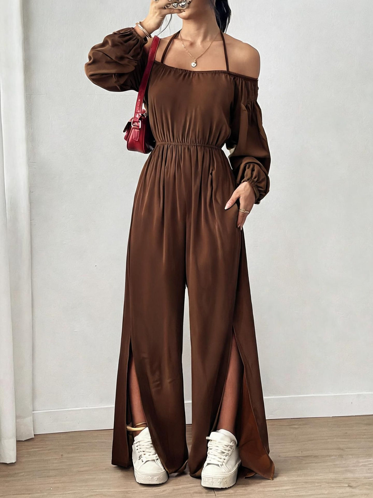 Women's Casual Strapless Slit Wide-Leg Jumpsuit