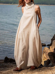 Chic Linen Stand Collar Back Pleat Maxi Dress