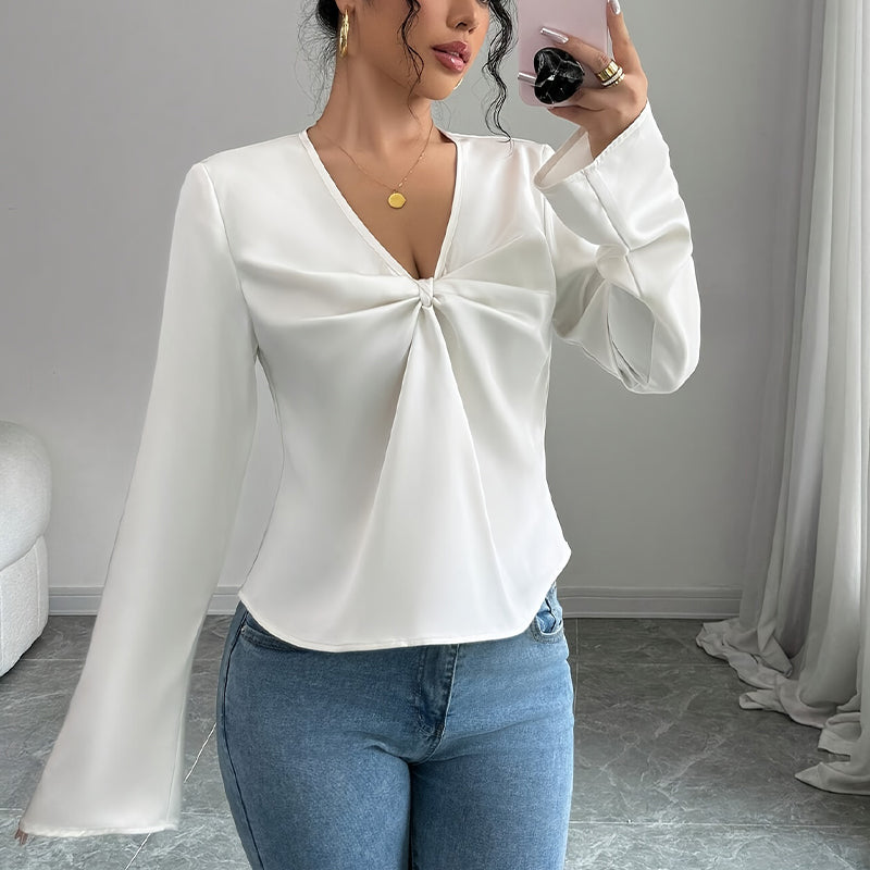 Elegant V-Neck Ruffled Flared Sleeve Blouse for Women