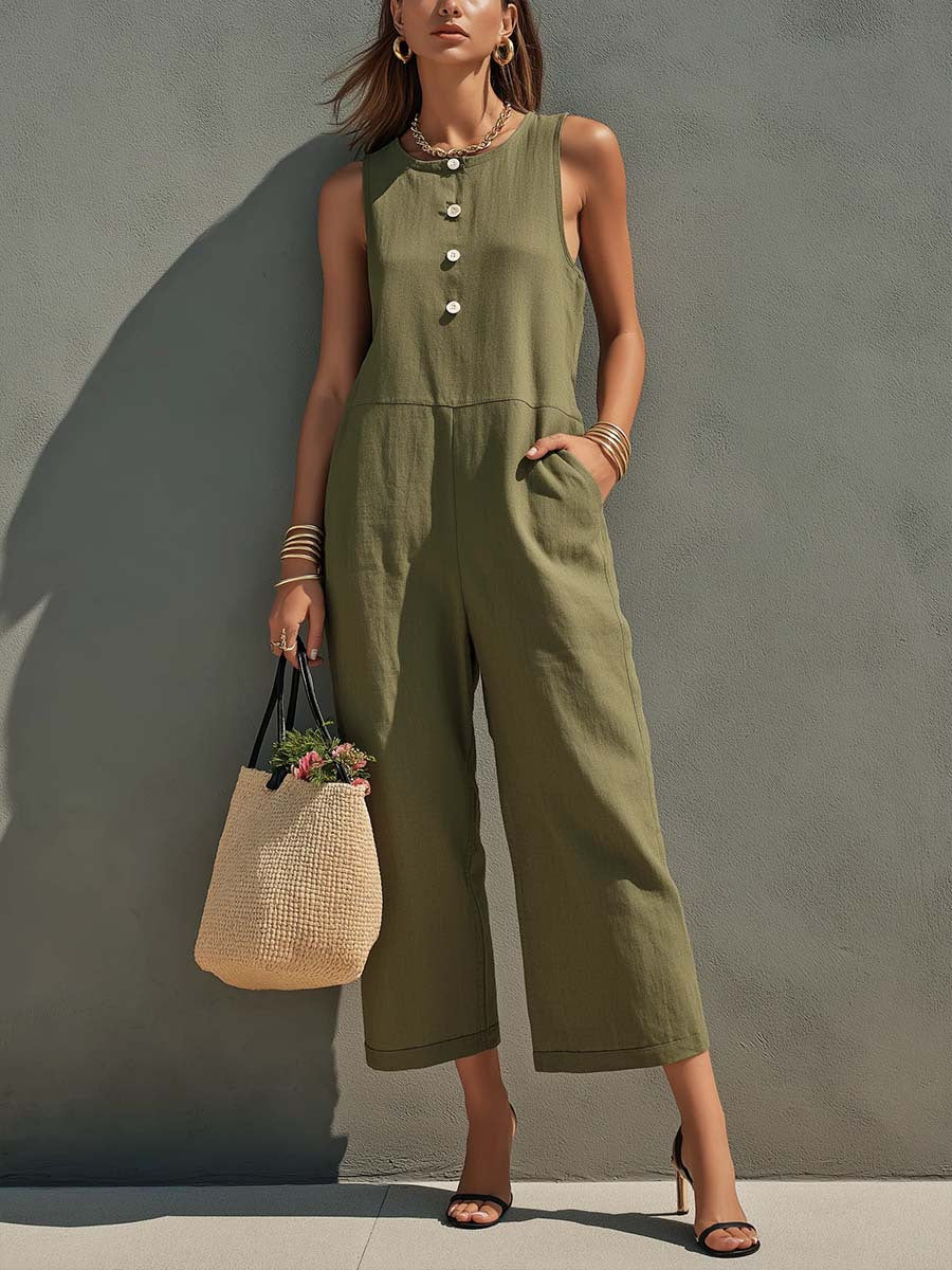 Elegant Sleeveless Wide-Leg Button Jumpsuit