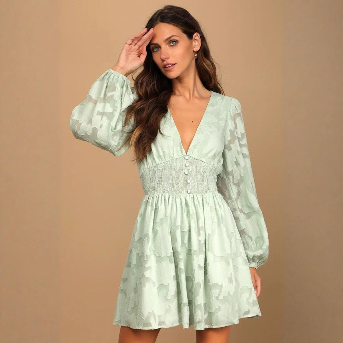 Casual V-neck Chiffon Hollow-out Jacquard A-line Dress