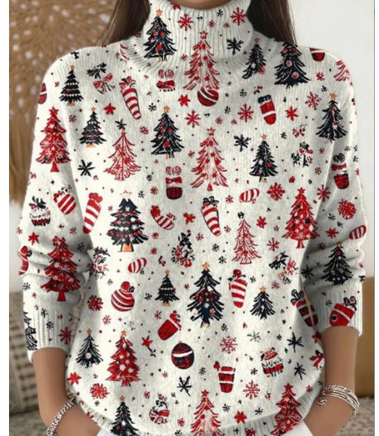 Womens Christmas-print Turtleneck Sweater for Comfort and Style