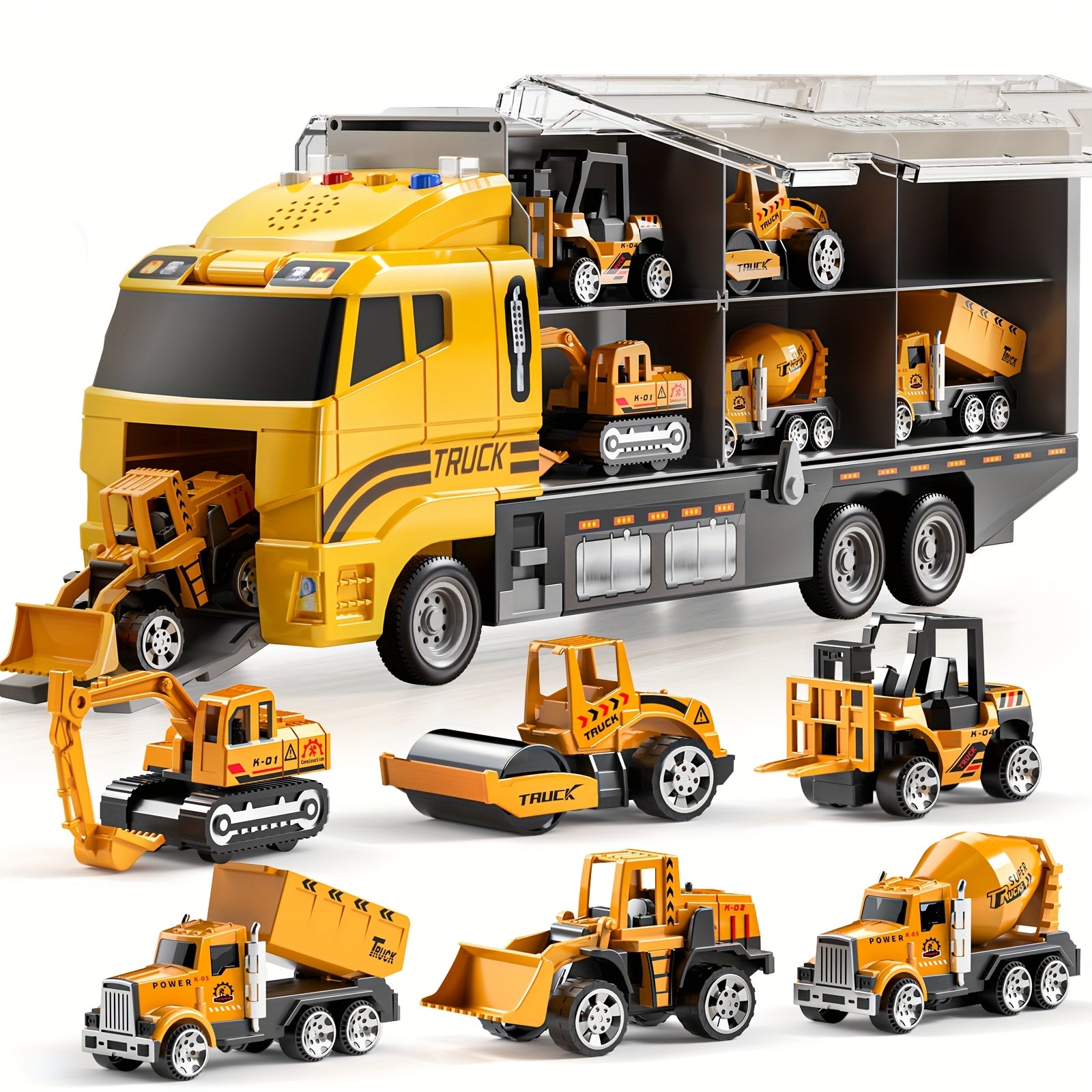HOME Die-Cast 7-In-1 Construction Truck Toy for Aged 3-9 Kid Boys & Girls, Carrier Vehicle Toy Set with Play Mat, Christmas Birthday Gift [Random Color of Accessories]