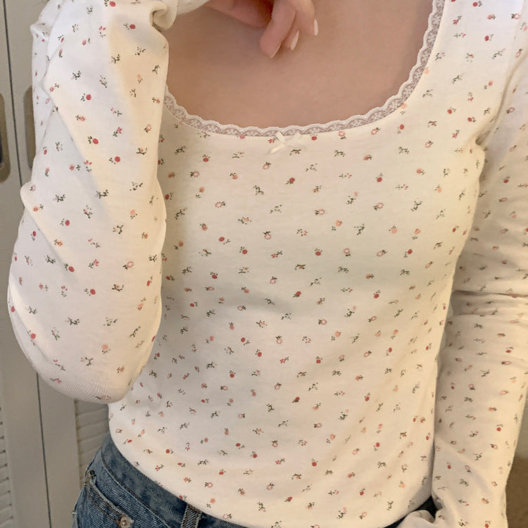 Floral Lace Long Sleeve Slim Crop Top