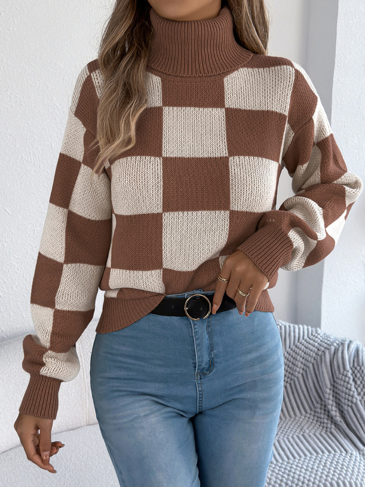 Casual Turtleneck Contrast-color Plaid Long-sleeve Sweater