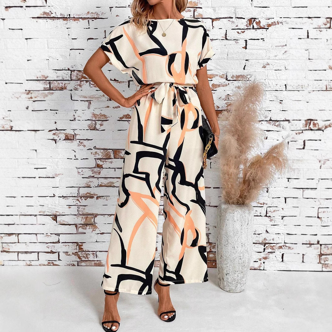 Retro Floral Short-Sleeve Waist-Cinching Jumpsuit