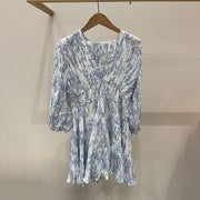 Printed V-neck Waist-cinched Dress with Puff Sleeves
