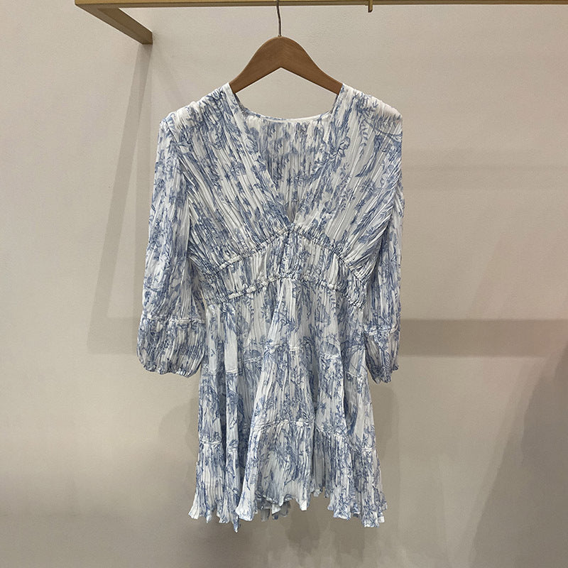 Printed V-neck Waist-cinched Dress with Puff Sleeves