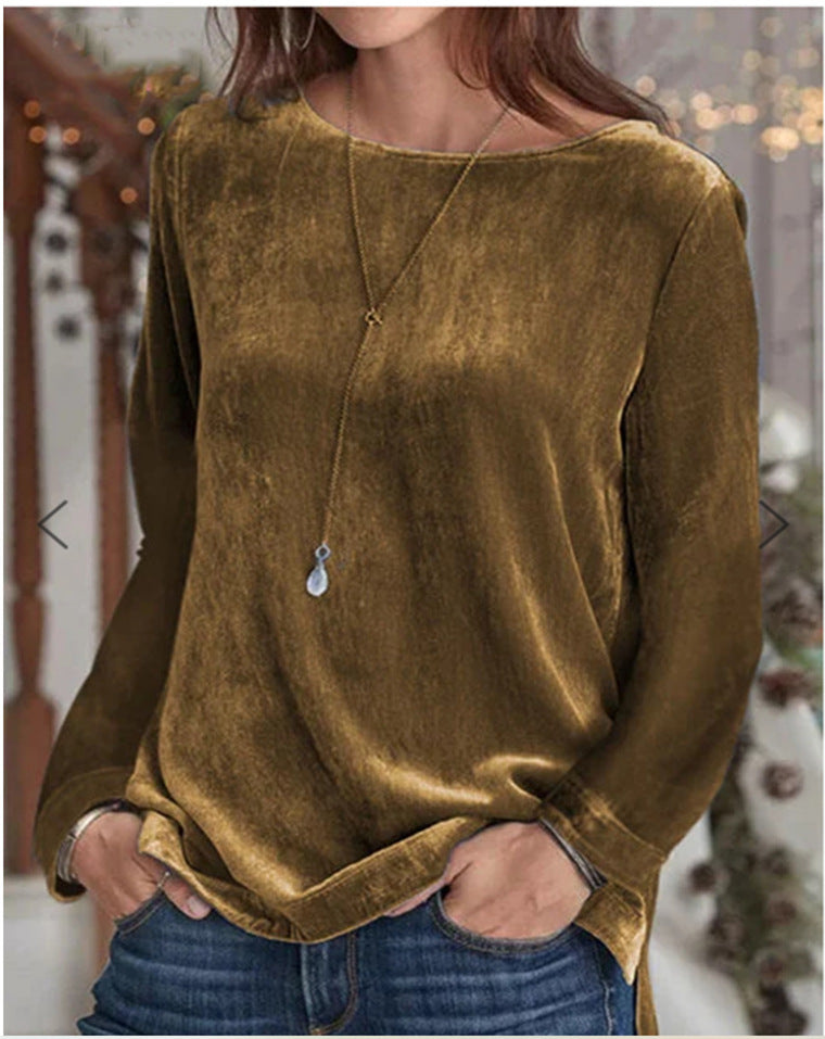 Cozy Solid Velvet Long Sleeve Pullover Sweater