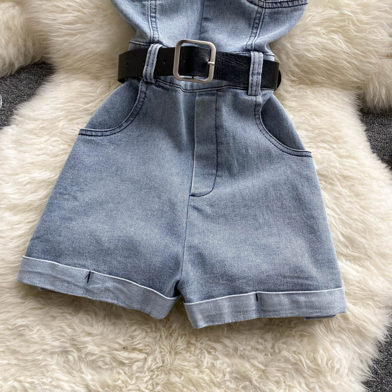 Women's High-Waist Denim Romper Casual Wide-Leg Jumpsuit