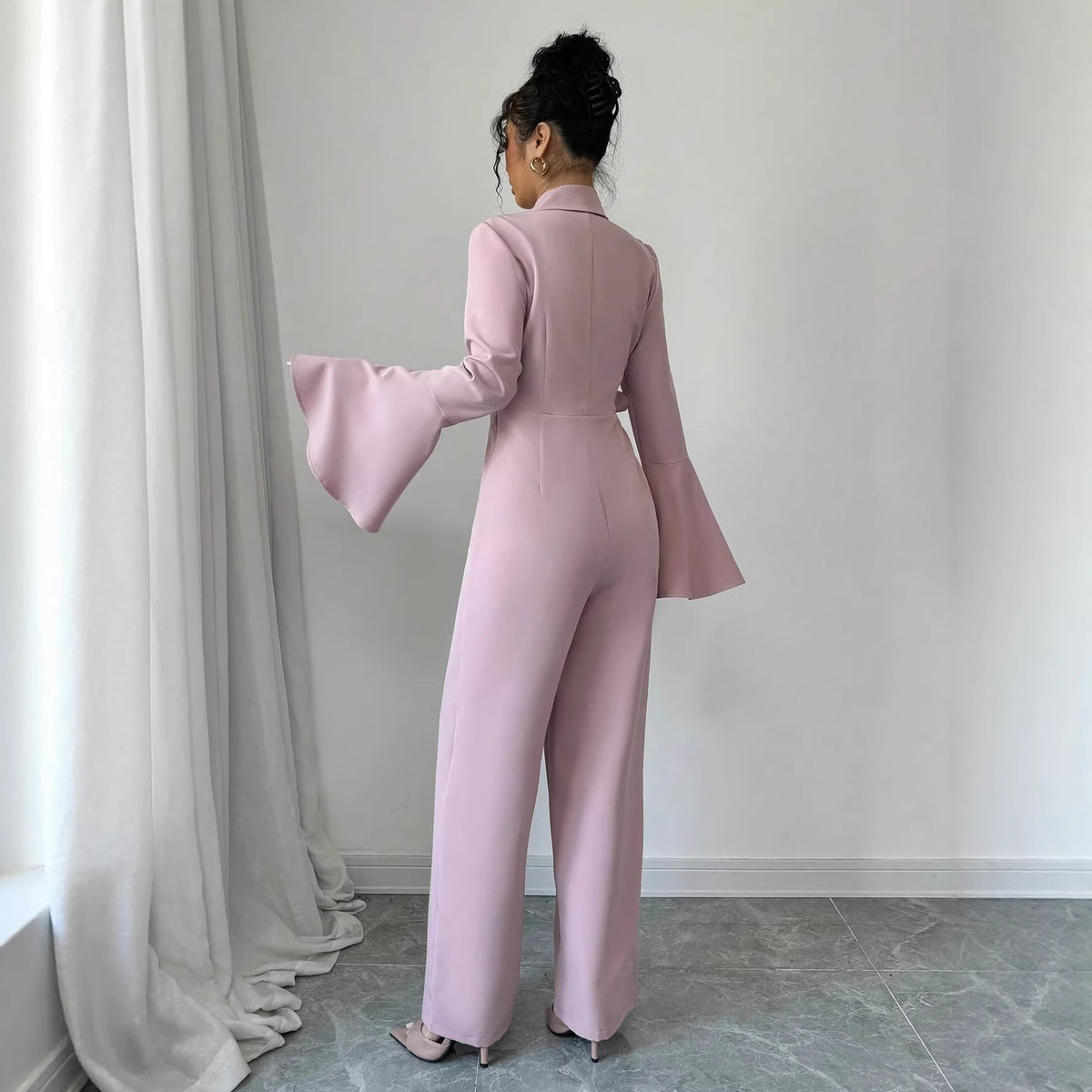 Elegant Solid Flared-Sleeve Wide-Leg Jumpsuit