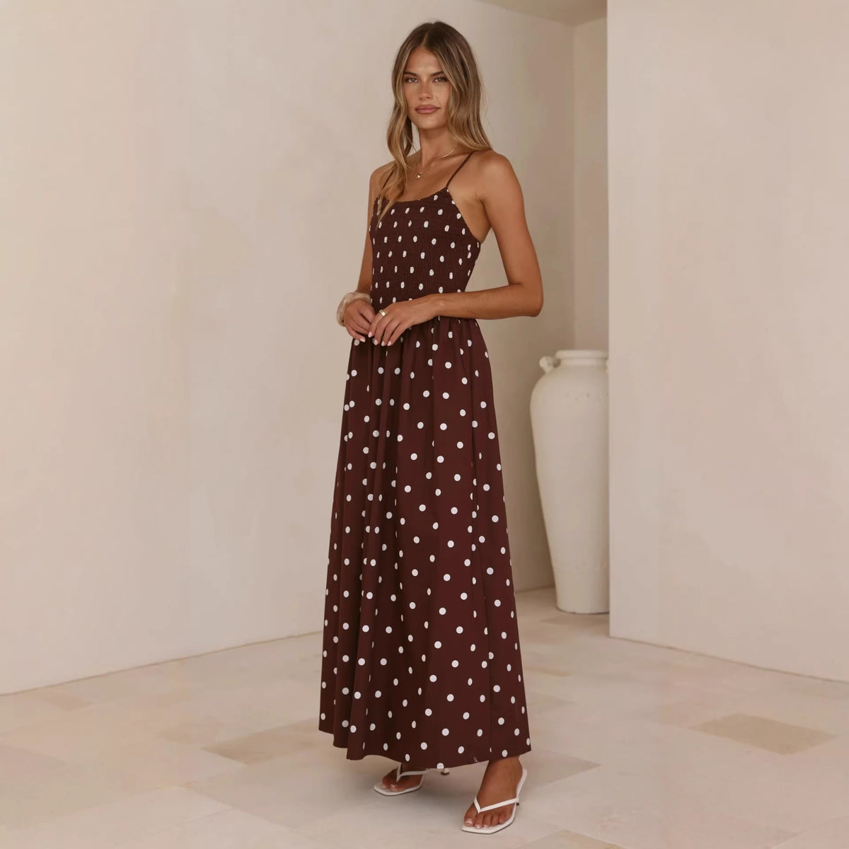 Womens Printed Waist-cinching Strap Maxi Dress