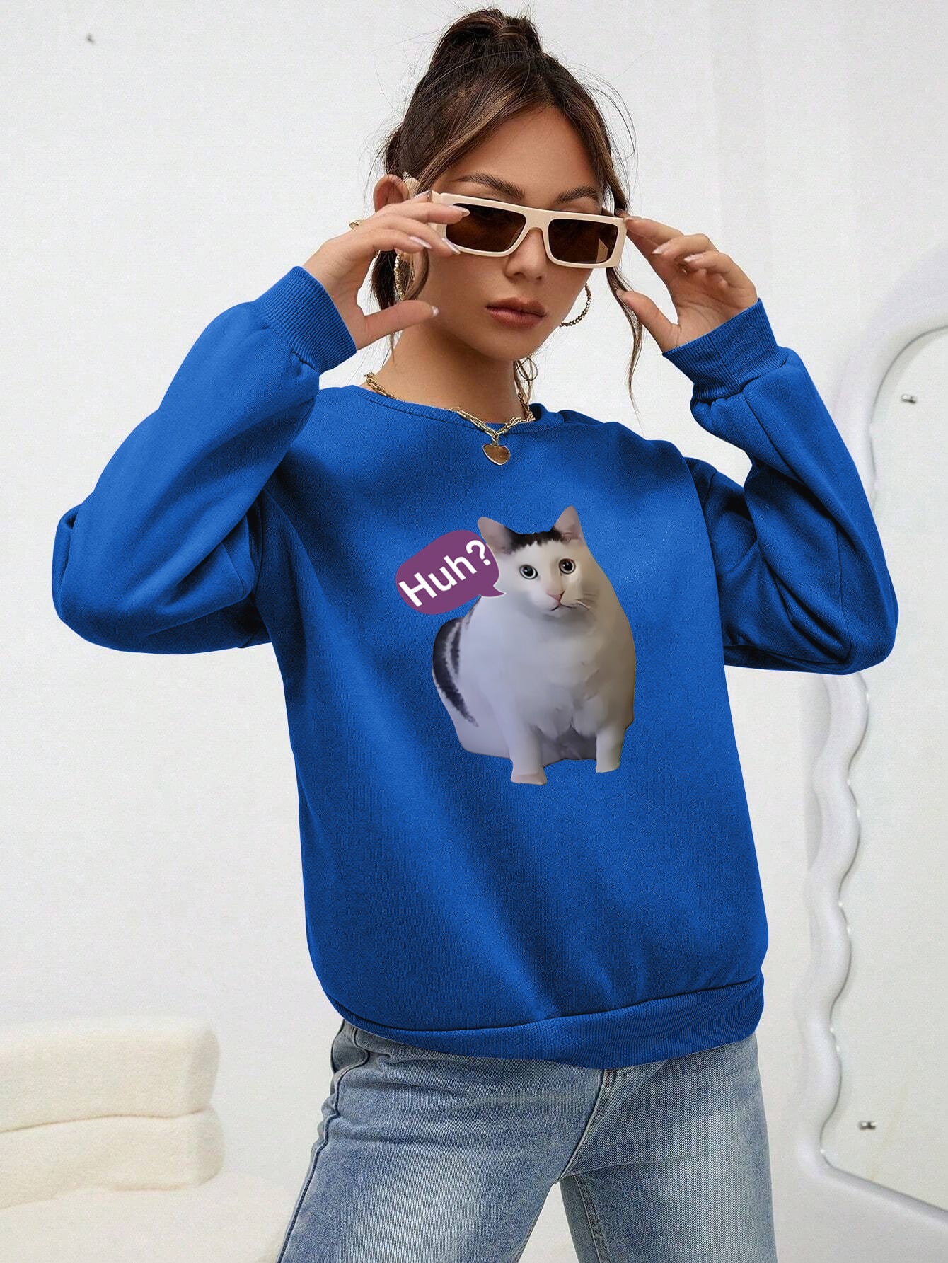 Cute Cat Print Women's Casual Pullover Sweater